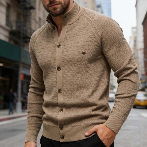 Men's Waffle Knit Stand Collar Cardigan Acrylic Blend Button Down Warm Sweater Business Casual British Style Knitted Top