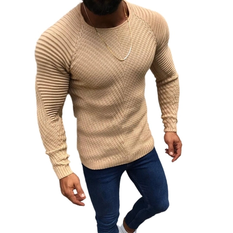 Pull en Maille Ajusté pour Hommes Mélange d'Acrylique Col Rond Manches Longues Pull-over Motif Texturé Haut Masculin Urbain Décontracté