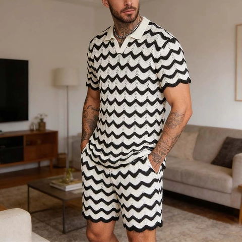 Completo da Uomo con Top in Maglia e Pantaloncini Polo a Manica Corta con Motivo a Onde Traforato Casual Vacanza Estiva