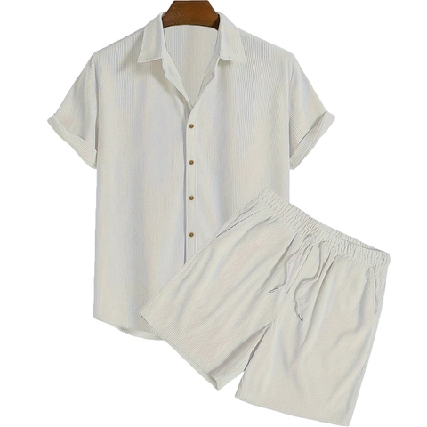 Set Due Pezzi Casual da Uomo Camicia a Maniche Corte con Bottoni e Pantaloncini con Coulisse Texture a Costine Estate