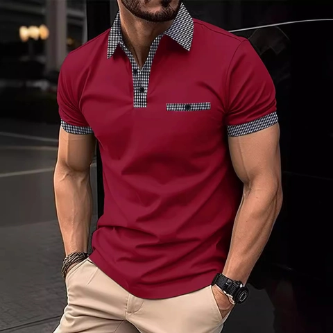 Ανδρική Μπλούζα Polo Κοντομάνικη Με Houndstooth Patchwork Σατέν Πάγου Αναπνεύσιμο Business Casual Καλοκαιρινό Τοπ