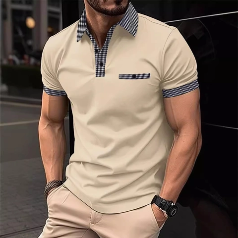 Ανδρική Μπλούζα Polo Κοντομάνικη Με Houndstooth Patchwork Σατέν Πάγου Αναπνεύσιμο Business Casual Καλοκαιρινό Τοπ