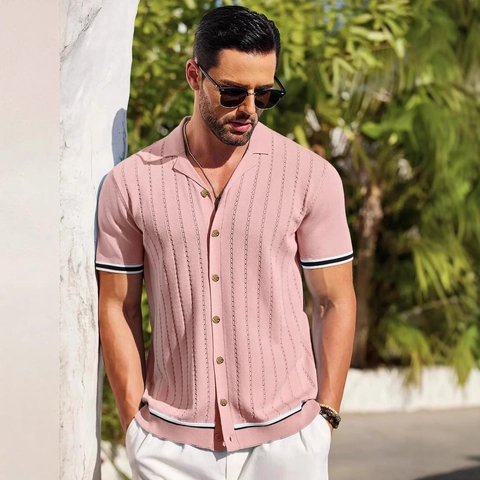 Herren Casual Strickhemd Kurzarm Atmungsaktiv Baumwollmischung Reverskragen Button Down Kontraststreifen Sommer Urlaub Top Herren