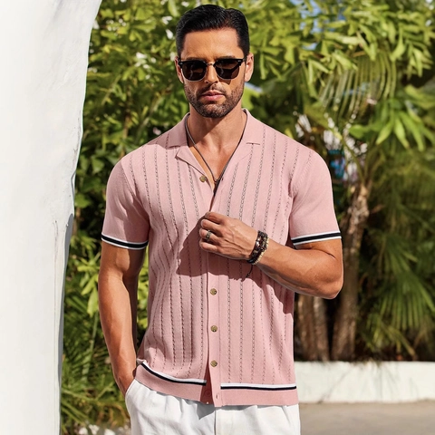 Herren Casual Strickhemd Kurzarm Atmungsaktiv Baumwollmischung Reverskragen Button Down Kontraststreifen Sommer Urlaub Top Herren