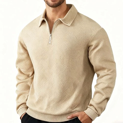 Men American Retro Half Zip Sweater Geometric Jacquard Texture Turn Down Collar Long Sleeve Casual Polo Sweatshirt For Men