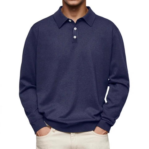 Heren Polo Met Lange Mouwen Gebreide Pullover Business Casual Effen Kleur Revers Drie Knopen Geribbelde Zoom Voor Heren