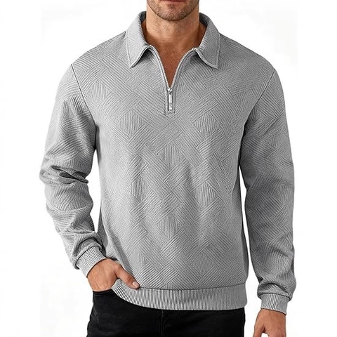 Men American Retro Half Zip Sweater Geometric Jacquard Texture Turn Down Collar Long Sleeve Casual Polo Sweatshirt For Men