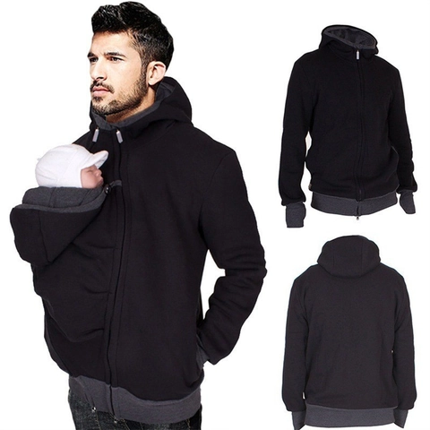 Sweat à Capuche Porte-Bébé Kangourou pour Hommes Doublé Polaire Hiver Chaud Veste à Fermeture Éclair Multi-Poches