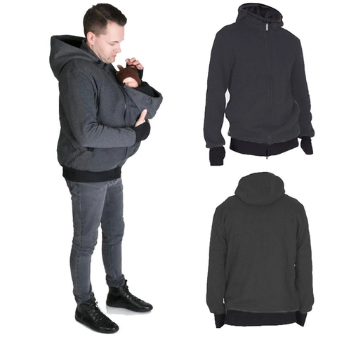 Sweat à Capuche Porte-Bébé Kangourou pour Hommes Doublé Polaire Hiver Chaud Veste à Fermeture Éclair Multi-Poches