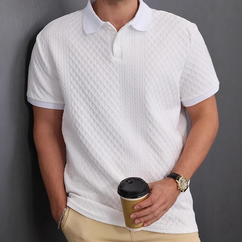 Herren Kurzarm Polo Shirt Baumwollmischung Jacquard Strick Texturiert Slim Fit Casual Smart Business Style Top Für Männer