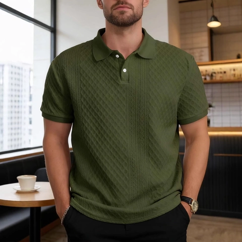 Herren Kurzarm Polo Shirt Baumwollmischung Jacquard Strick Texturiert Slim Fit Casual Smart Business Style Top Für Männer