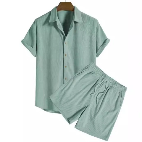 Conjunto de Dos Piezas Casual para Hombre con Textura de Pana Camisa de Manga Corta con Solapa y Pantalones Cortos con Cordón Traje de Verano