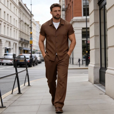 Ensemble Casual 2 Pièces pour Hommes Rayures Verticales Plissées Chemise à Manches Courtes et Pantalon Droit Été Plage