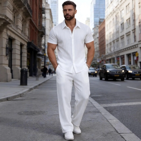 Ensemble Casual 2 Pièces pour Hommes Rayures Verticales Plissées Chemise à Manches Courtes et Pantalon Droit Été Plage