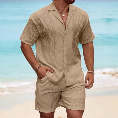 Conjunto de Camisa Y Pantalones Cortos Casual para Hombre Vacaciones de Verano Playa Manga Corta Cuello Cuba Transpirable Textura Ondas