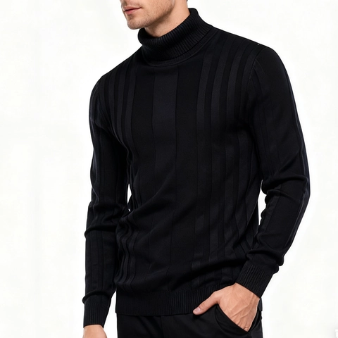 Dolcevita da Uomo in Misto Cotone Maglia a Righe Verticali Vestibilità Aderente Pullover a Manica Lunga Top Basic Casual