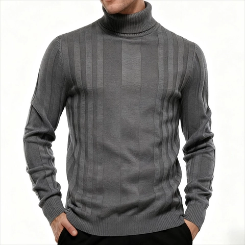 Dolcevita da Uomo in Misto Cotone Maglia a Righe Verticali Vestibilità Aderente Pullover a Manica Lunga Top Basic Casual