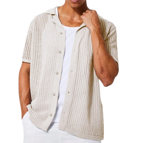 Men Knit Hollow Shirt Casual Short Sleeve Crochet Button Up Cardigan Lightweight Breathable Lapel Top For Summer Beach Vacation