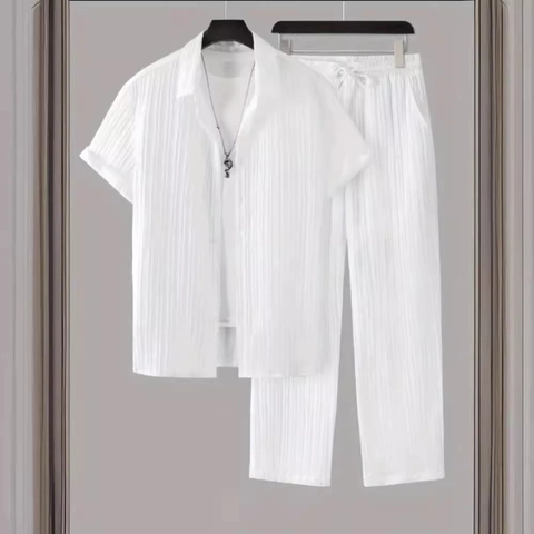Uomo Plissettato a Righe Verticali Top And Bottom Camicia a Maniche Corte con Revers Casual Spiaggia Estate Pantaloni alla Moda