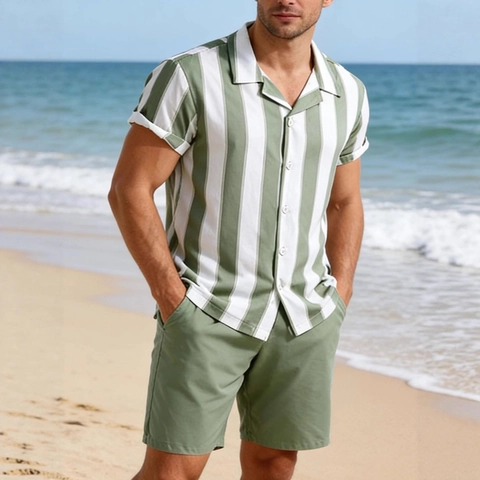 Hommes Chemise à Rayures Manches Courtes Et Short Polyester Été Plage Vacances Tenue Décontractée Vêtements Tropicaux Légers Respirants