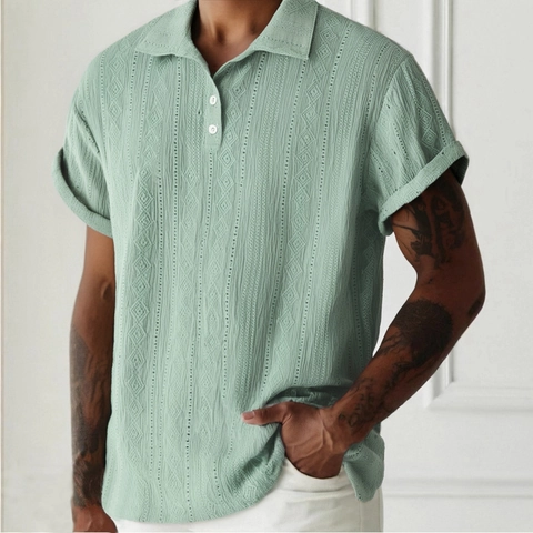 Herren Strick Polo Shirt Ajouré Rautenmuster Atmungsaktiv Kurzarm Top Casual Sommer Vintage Stil Männliche Kleidung