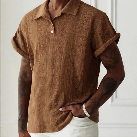 Herren Strick Polo Shirt Ajouré Rautenmuster Atmungsaktiv Kurzarm Top Casual Sommer Vintage Stil Männliche Kleidung