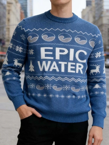 Pull de Noël pour Hommes Col Rond Mélange Coton Poils de Lapin Jacquard Flocon de Neige Renne Fête Chaud Jumper