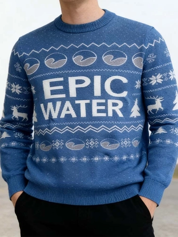 Pull de Noël pour Hommes Col Rond Mélange Coton Poils de Lapin Jacquard Flocon de Neige Renne Fête Chaud Jumper