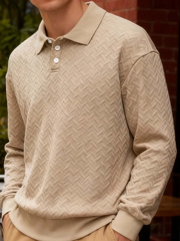 Polo de Manga Larga para Hombre Punto Jacquard Textura de Chevrón Negocios Casual Transpirable Cómodo Ropa de Moda para Hombre