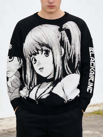 Maglione in Maglia Girocollo Unisex Grafica Anime Jacquard Streetwear Oversize Autunno Inverno Pullover Nero alla Moda