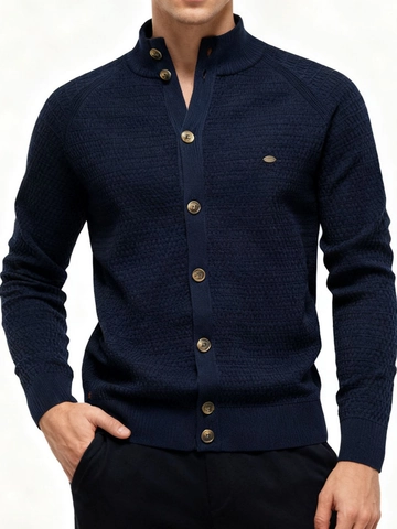 Men Wool Blend Waffle Knit Cardigan Sweater Stand Collar Button Up Casual Business Long Sleeve Solid Textured Ribbed Trim Top
