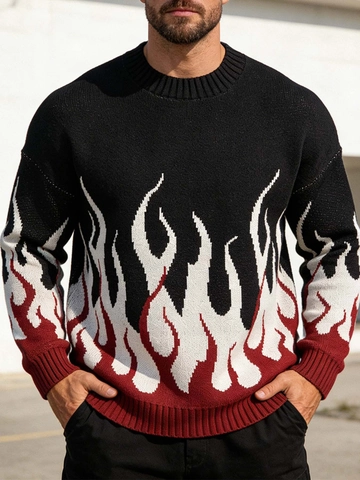 Ανδρικό Oversized Πλεκτό Πουλόβερ Σχέδιο Φλόγας Στρογγυλή Λαιμόκοψη Μακρύ Μανίκι Streetwear Πλεκτό Τοπ Πολυεστέρα
