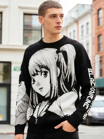 Maglione in Maglia Girocollo Unisex Grafica Anime Jacquard Streetwear Oversize Autunno Inverno Pullover Nero alla Moda
