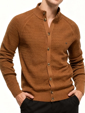 Men Wool Blend Waffle Knit Cardigan Sweater Stand Collar Button Up Casual Business Long Sleeve Solid Textured Ribbed Trim Top