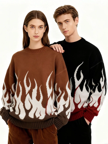 Ανδρικό Oversized Πλεκτό Πουλόβερ Σχέδιο Φλόγας Στρογγυλή Λαιμόκοψη Μακρύ Μανίκι Streetwear Πλεκτό Τοπ Πολυεστέρα