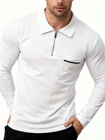 Herren Langarm Polo-Shirt mit Reißverschluss Atmungsaktives Einfarbiges Sportliches Golf Top Lässiges Revershemd mit Tasche