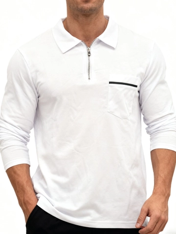 Herren Langarm Polo-Shirt mit Reißverschluss Atmungsaktives Einfarbiges Sportliches Golf Top Lässiges Revershemd mit Tasche