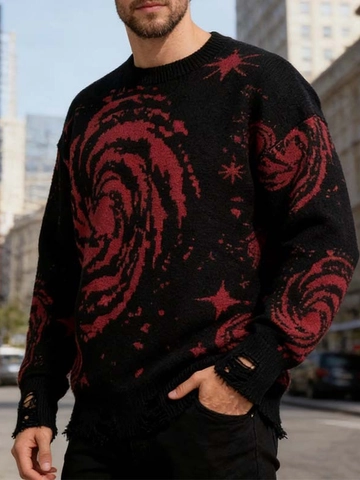 Γυναικείο Πλεκτό Πουλόβερ Ζακάρ Γαλαξίας Distressed Dark Streetwear Grunge Κατεστραμμένο Στριφώμα Oversized Στρογγυλή Λαιμόκοψη Χειμερινό