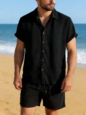 Herren Casual Waffel Textur Hemd Mit Knöpfen Und Shorts Mit Kordelzug Sommer Strand Urlaub Outfit Minimalistischer Stil