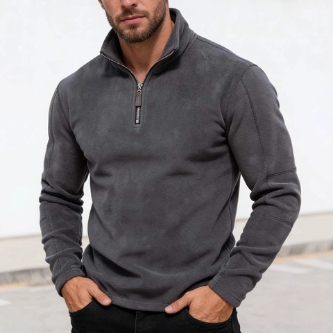 Felpa Casual da Uomo in Pile con Mezza Zip Collo Alzato Manica Lunga Tinta Unita Pullover Caldo Outdoor Inverno Top