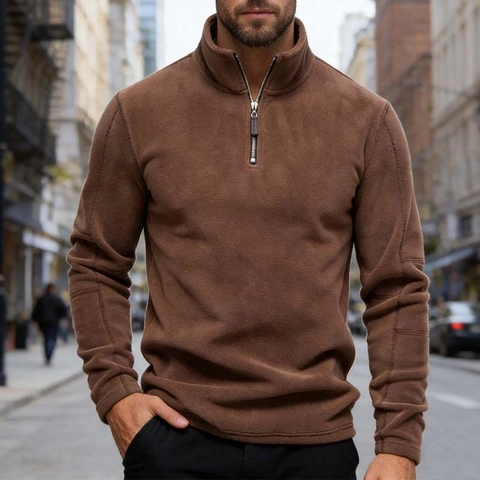 Felpa Casual da Uomo in Pile con Mezza Zip Collo Alzato Manica Lunga Tinta Unita Pullover Caldo Outdoor Inverno Top