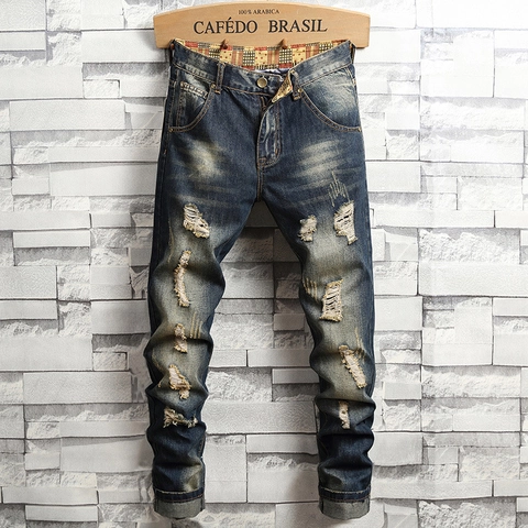 Jeans Lavati Vintage Americani da Uomo Pantaloni in Denim Distressed Ripped High Street Slim Straight Fit Moda Retro Casual