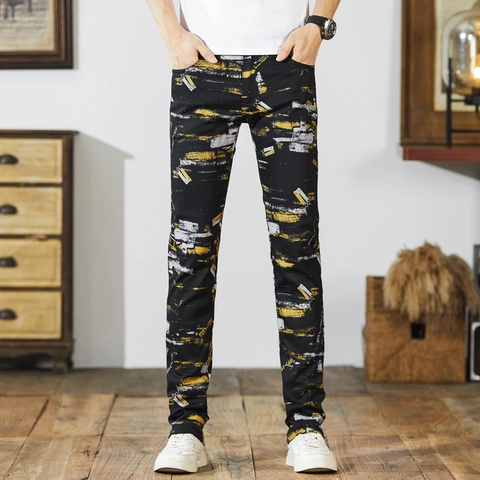 Heren Retro High Street Bedrukte Jeans Slim Straight Katoen Denim Broek Graffiti Verfspatten Gewassen Mode Broek