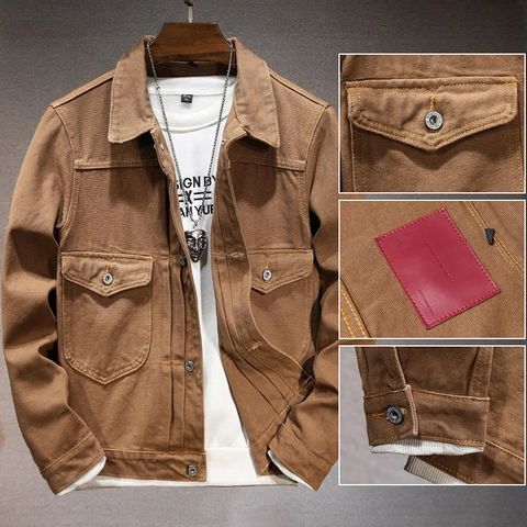 Herren Vintage Arbeitskleidung Denim Jacke Baumwolle Multi Tasche Lässig Locker Kaffee Braun Amerikaji Stil Mantel