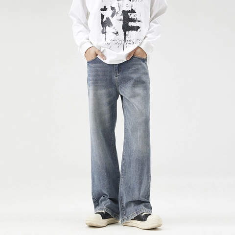 Jeans Dritti Larghi Uomo Streetwear Retro Americano Denim Lavato Blu Pantaloni a Gamba Larga per Ragazzi Casual Quotidiano