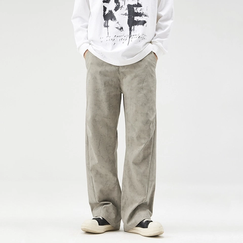 Herren Streetwear Khaki Freizeithose Gerade Weites Bein Baumwolle Waschstruktur Locker Bequem Täglich Lange Hose