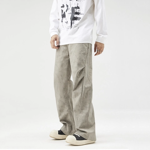 Herren Streetwear Khaki Freizeithose Gerade Weites Bein Baumwolle Waschstruktur Locker Bequem Täglich Lange Hose