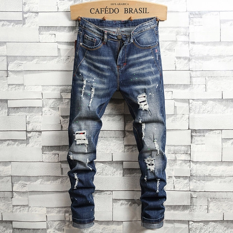 Jeans Strappati Streetwear da Uomo Blu Profondo Schizzi di Vernice Pantaloni Denim Slim Fit Lavati Hip Hop Casual Uomo