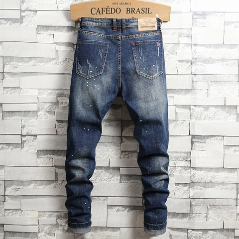 Jeans Strappati Streetwear da Uomo Blu Profondo Schizzi di Vernice Pantaloni Denim Slim Fit Lavati Hip Hop Casual Uomo