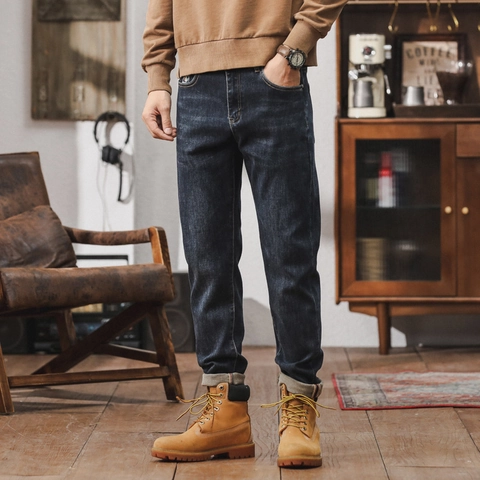 Jeans da Uomo Vintage Workwear in Misto Cotone Elasticizzato Pantaloni in Denim a Gamba Dritta Blu Scuro Casual Moda Uomo